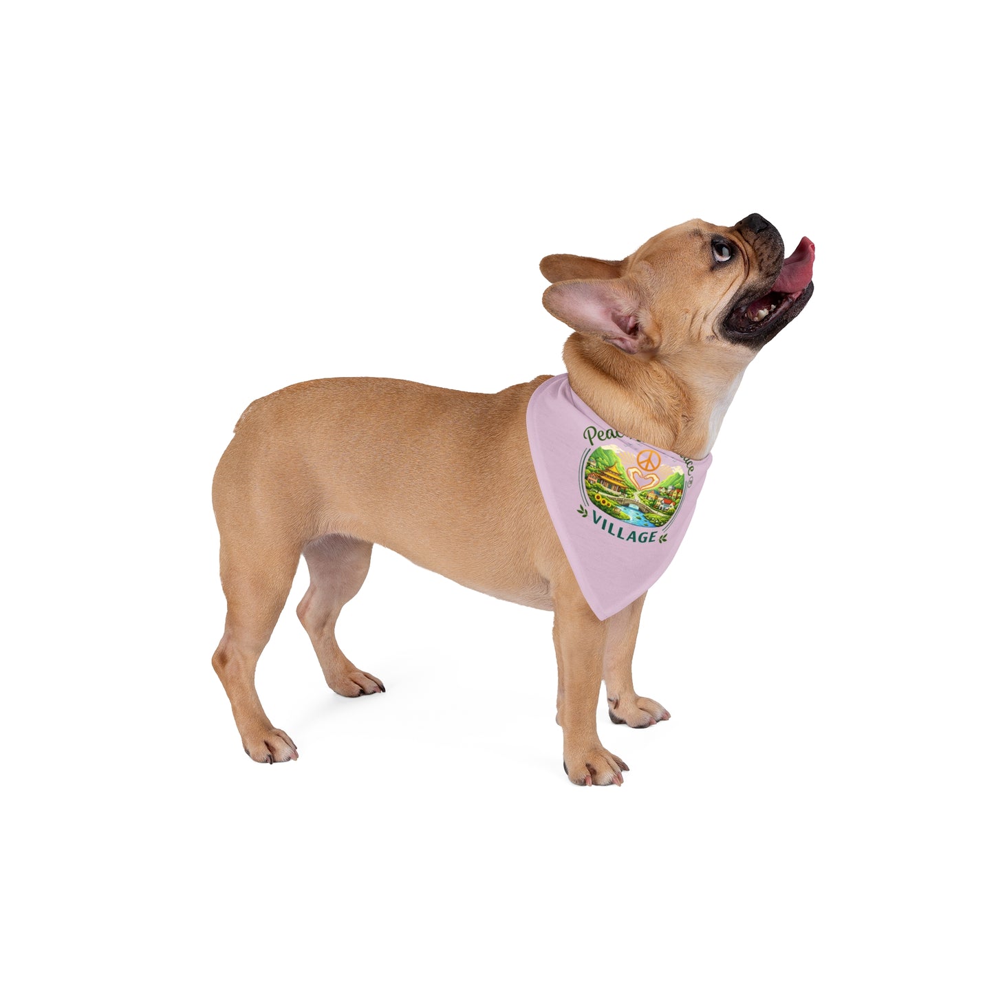 Pet Bandana — 'Peace in Practice Village' Pastel Pink Dog & Cat Bandana (Peace Sign, Scenic Design)