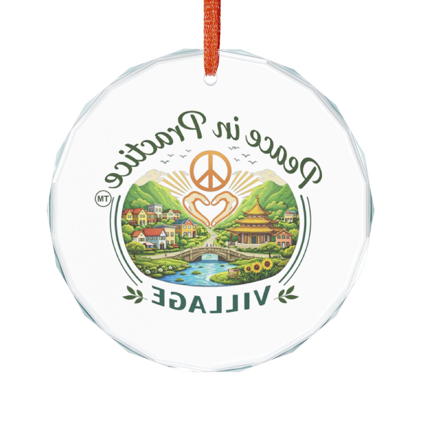 Peace in Practice Village Glass Ornament — Scenic Peace Symbol Holiday Decoration