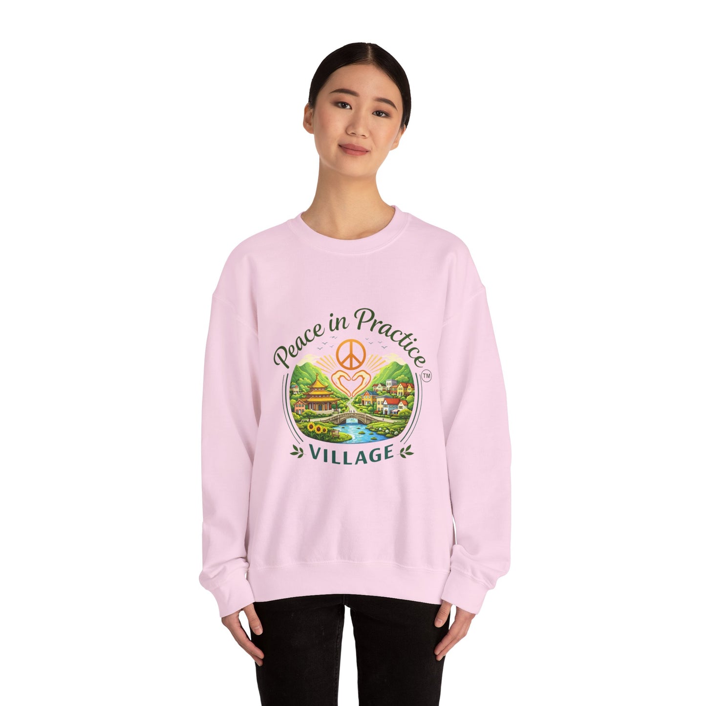 Peace in Practice Village Sweatshirt — Cozy Peace Sign & Countryside Illustration