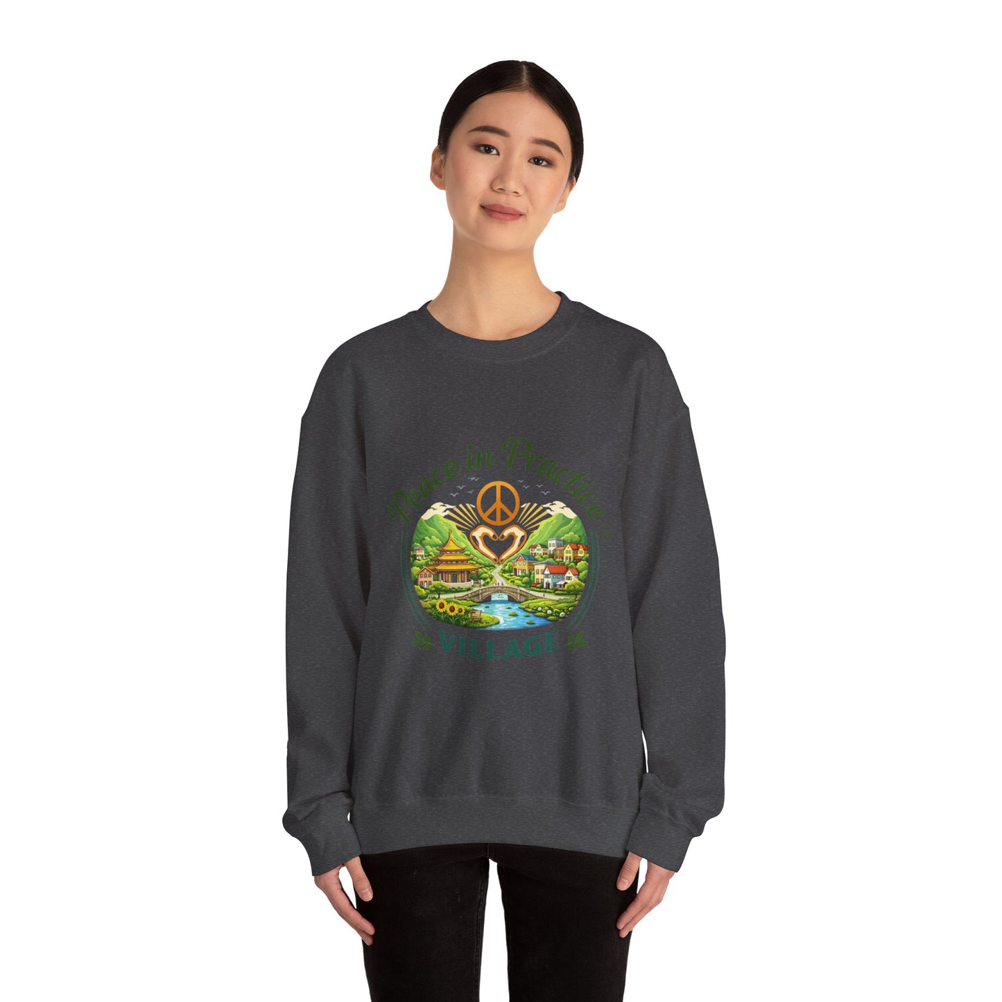 Peace in Practice Village Sweatshirt — Cozy Peace Sign & Countryside Illustration