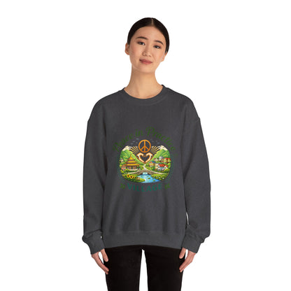 Peace in Practice Village Sweatshirt — Cozy Peace Sign & Countryside Illustration