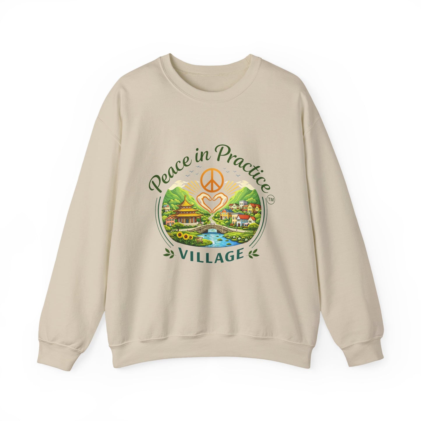 Peace in Practice Village Sweatshirt — Cozy Peace Sign & Countryside Illustration