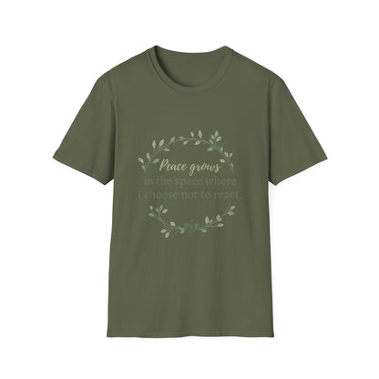 Peace in Practice T-Shirt — "Peace grows in the space where I choose not to react" Floral Graphic Tee