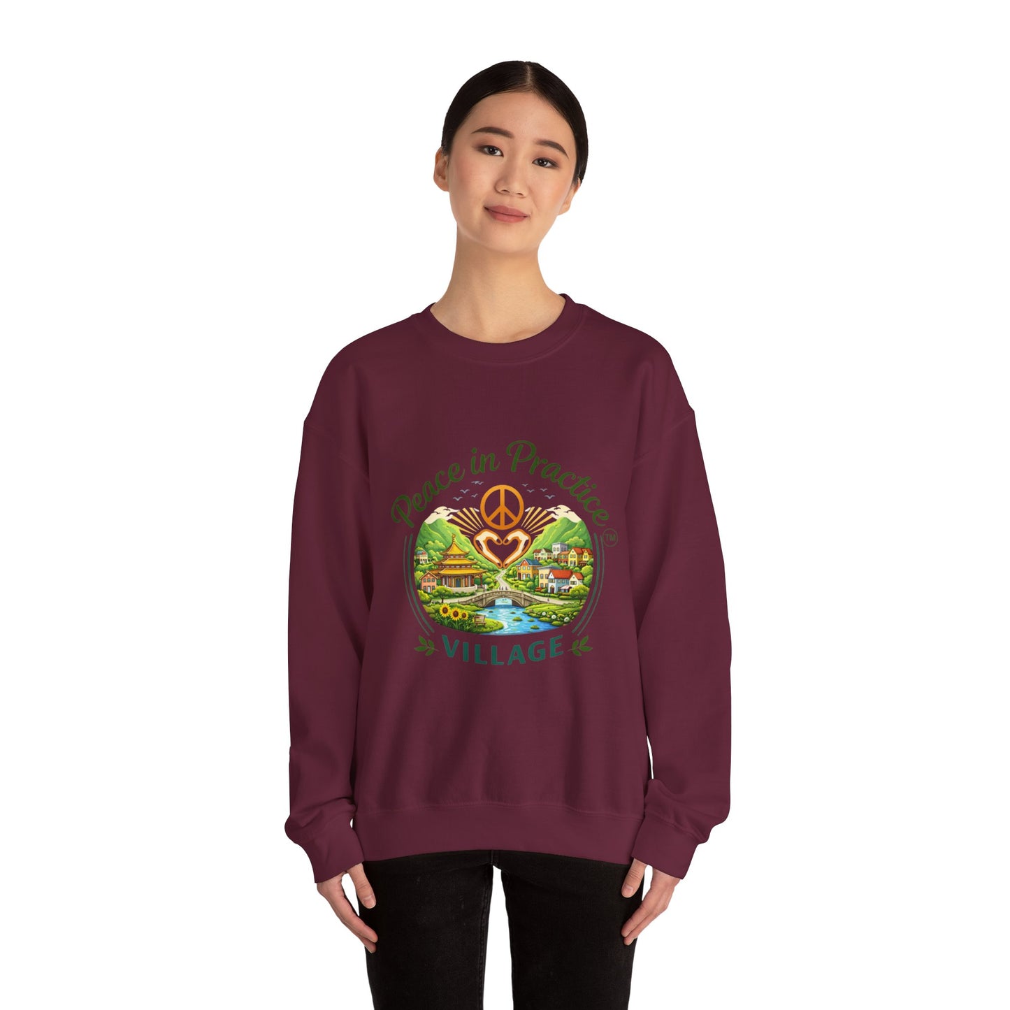 Peace in Practice Village Sweatshirt — Cozy Peace Sign & Countryside Illustration