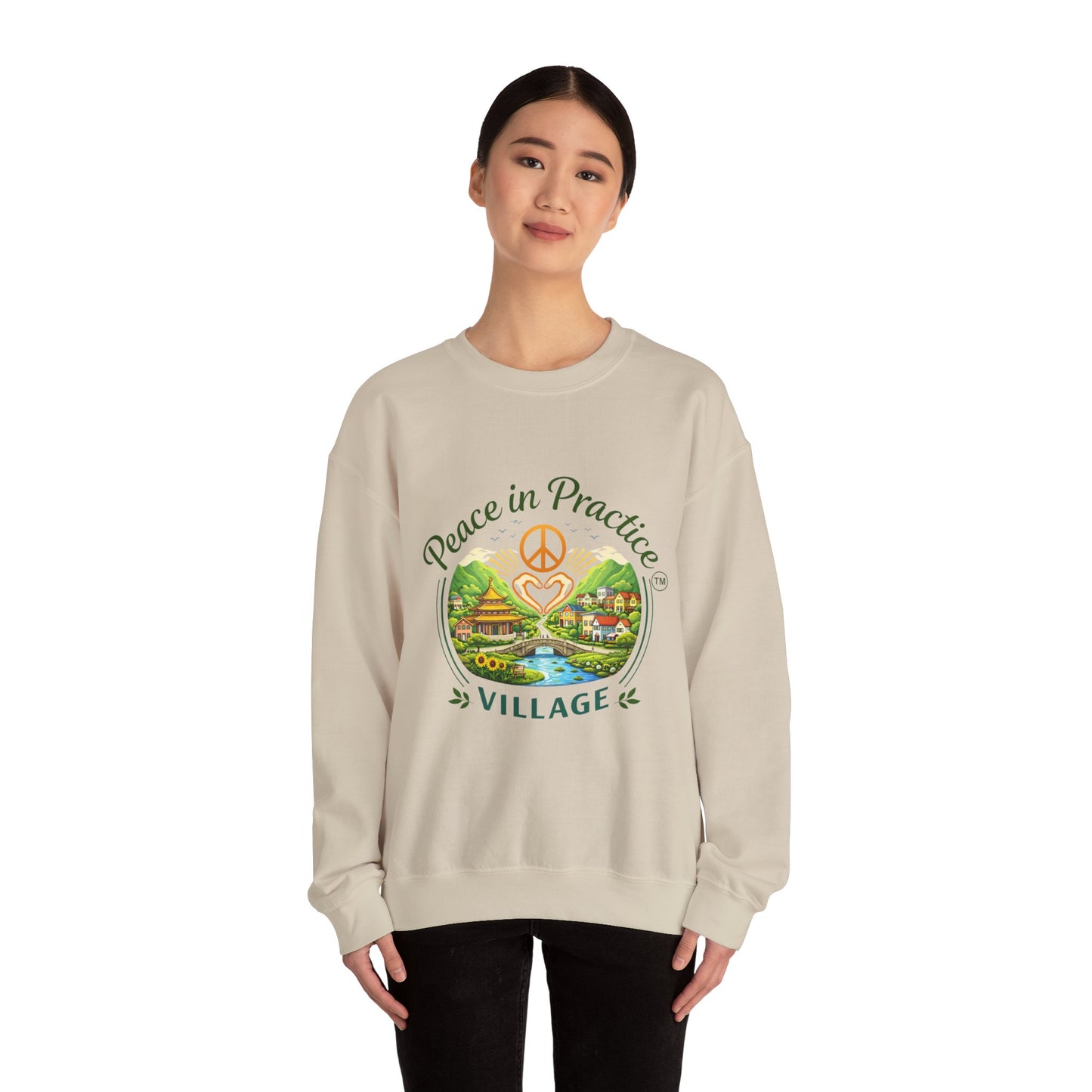 Peace in Practice Village Sweatshirt — Cozy Peace Sign & Countryside Illustration