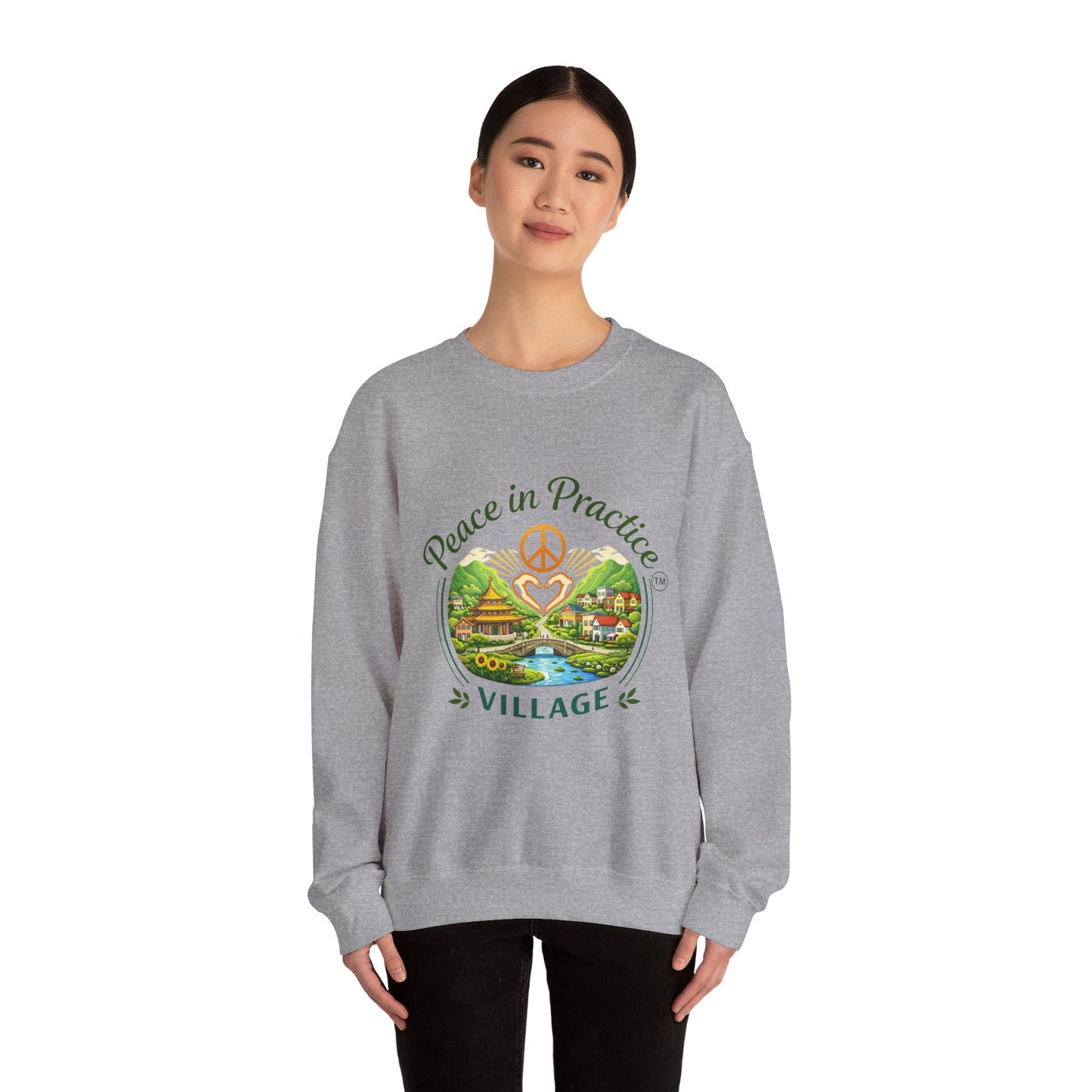 Peace in Practice Village Sweatshirt — Cozy Peace Sign & Countryside Illustration