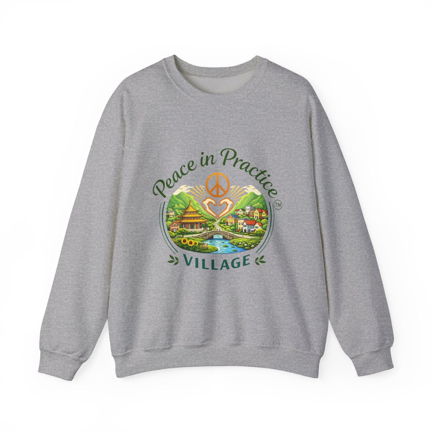 Peace in Practice Village Sweatshirt — Cozy Peace Sign & Countryside Illustration
