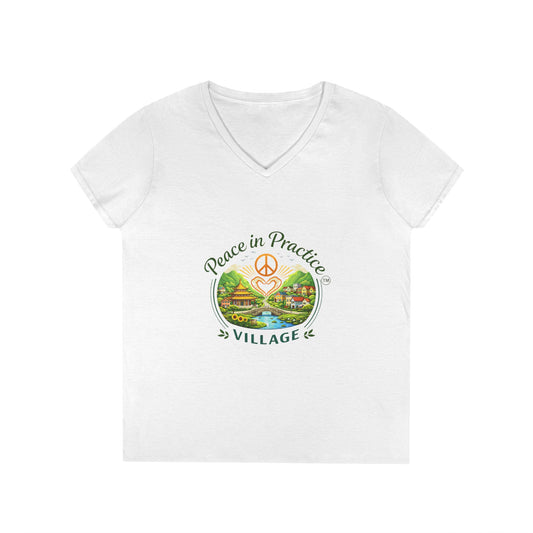 Peace in Practice Village Ladies' V-Neck T-Shirt — Retro Nature Peace Sign Tee