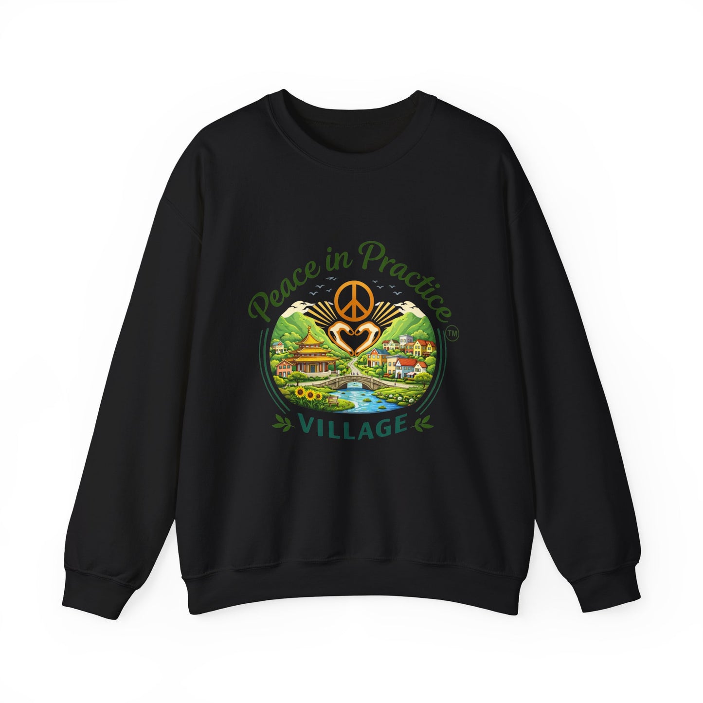 Peace in Practice Village Sweatshirt — Cozy Peace Sign & Countryside Illustration