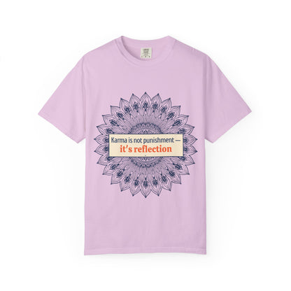 T-Shirt — 'Karma Is Not Punishment, It’s Reflection' Mandala Tee (Peace in Practice Village)