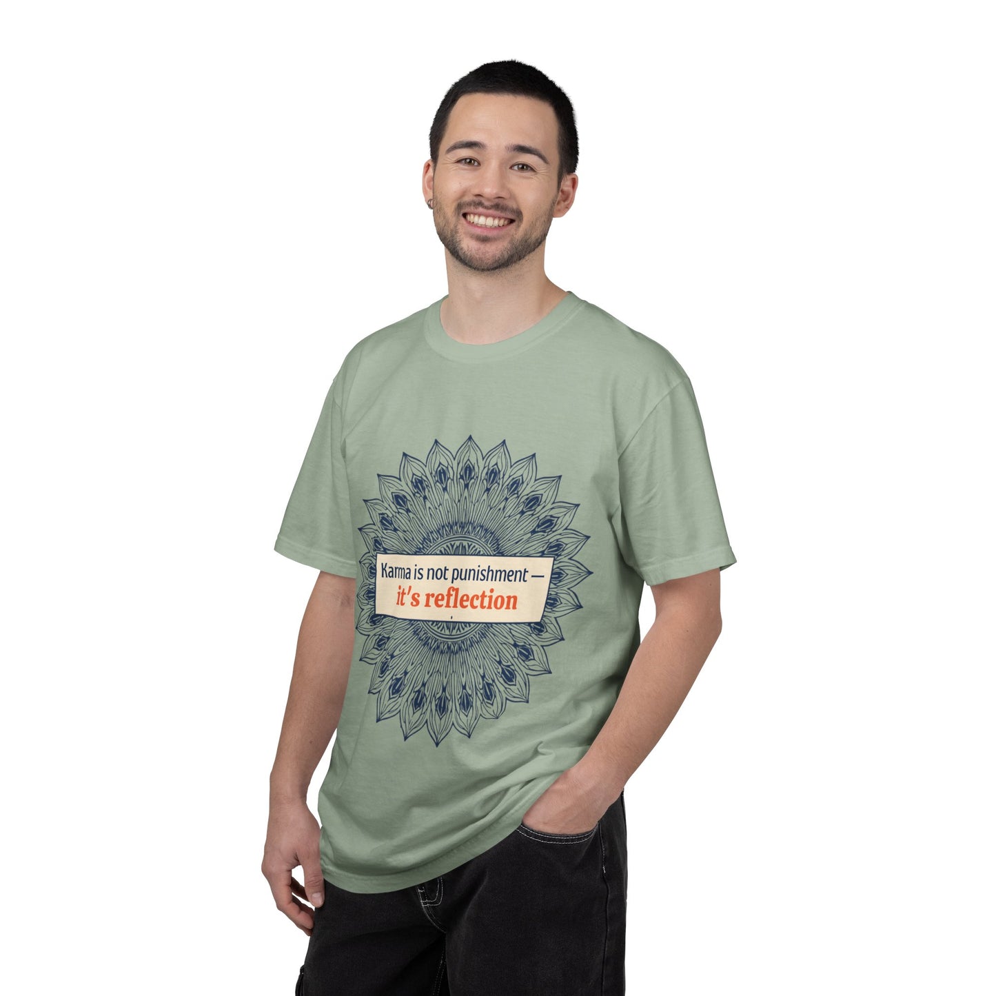 T-Shirt — 'Karma Is Not Punishment, It’s Reflection' Mandala Tee (Peace in Practice Village)