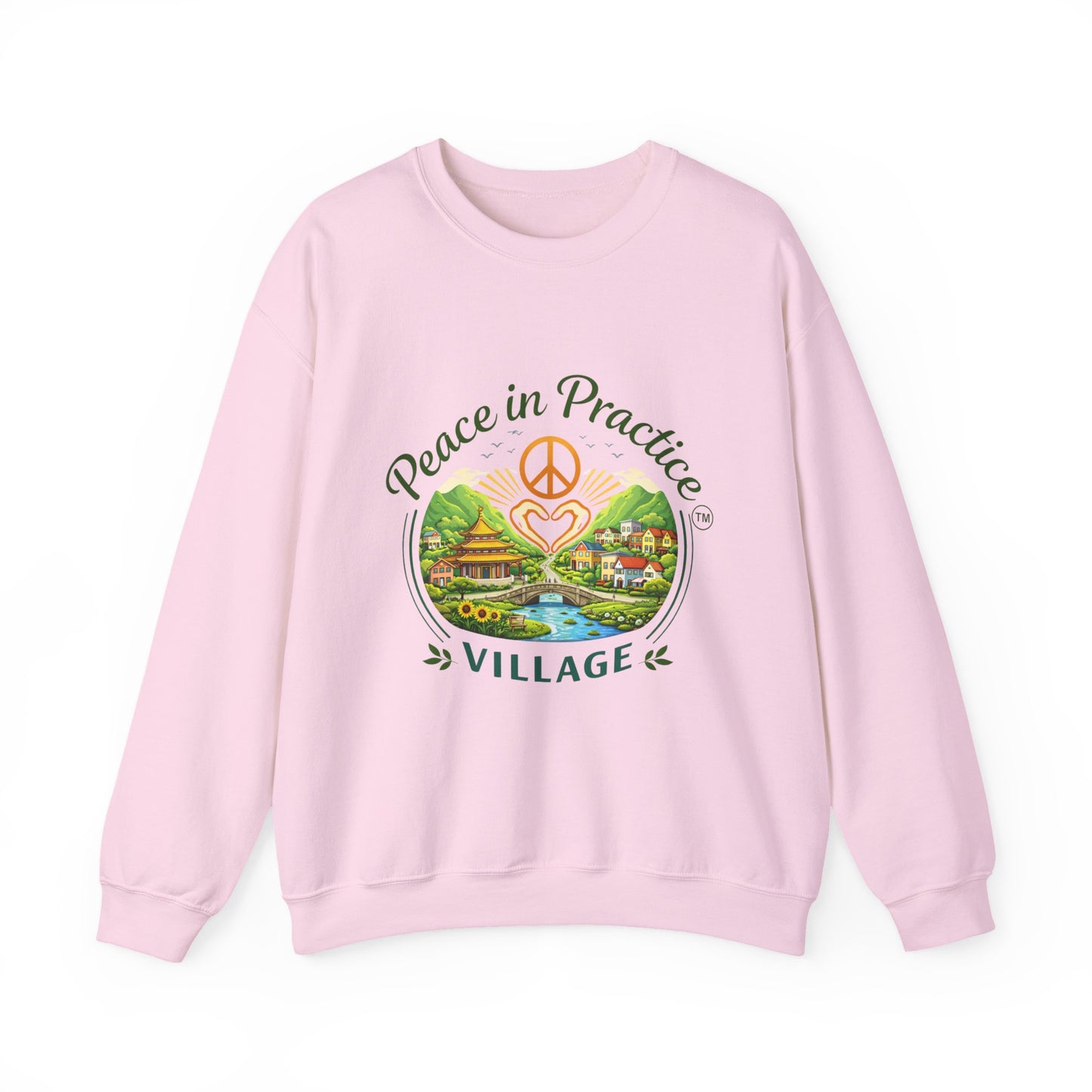 Peace in Practice Village Sweatshirt — Cozy Peace Sign & Countryside Illustration