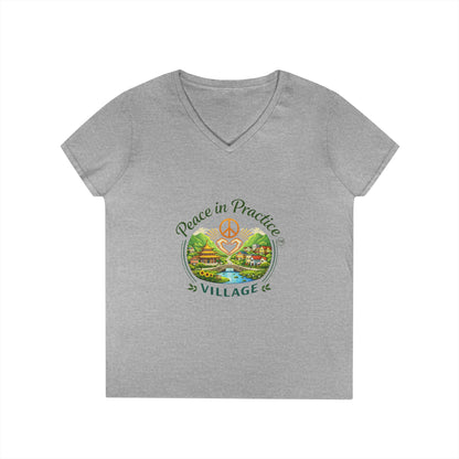 Peace in Practice Village Ladies' V-Neck T-Shirt — Retro Nature Peace Sign Tee