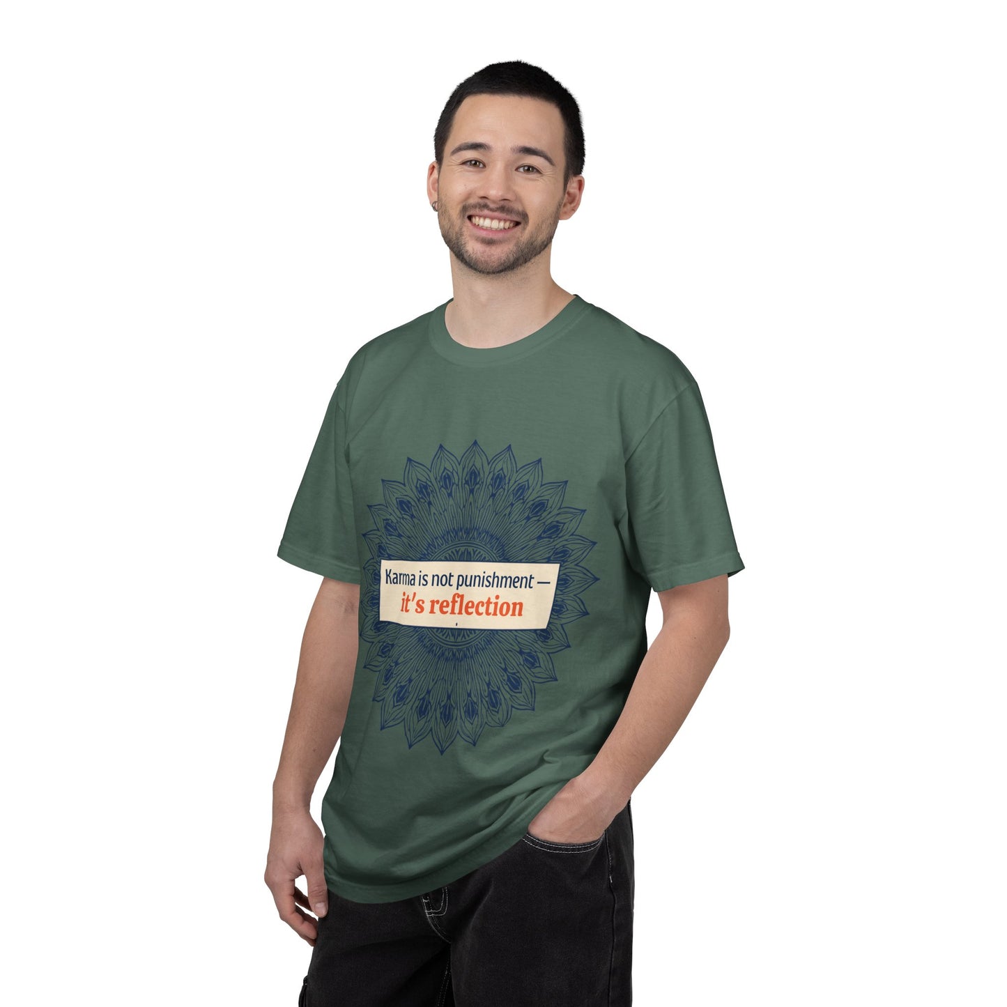 T-Shirt — 'Karma Is Not Punishment, It’s Reflection' Mandala Tee (Peace in Practice Village)