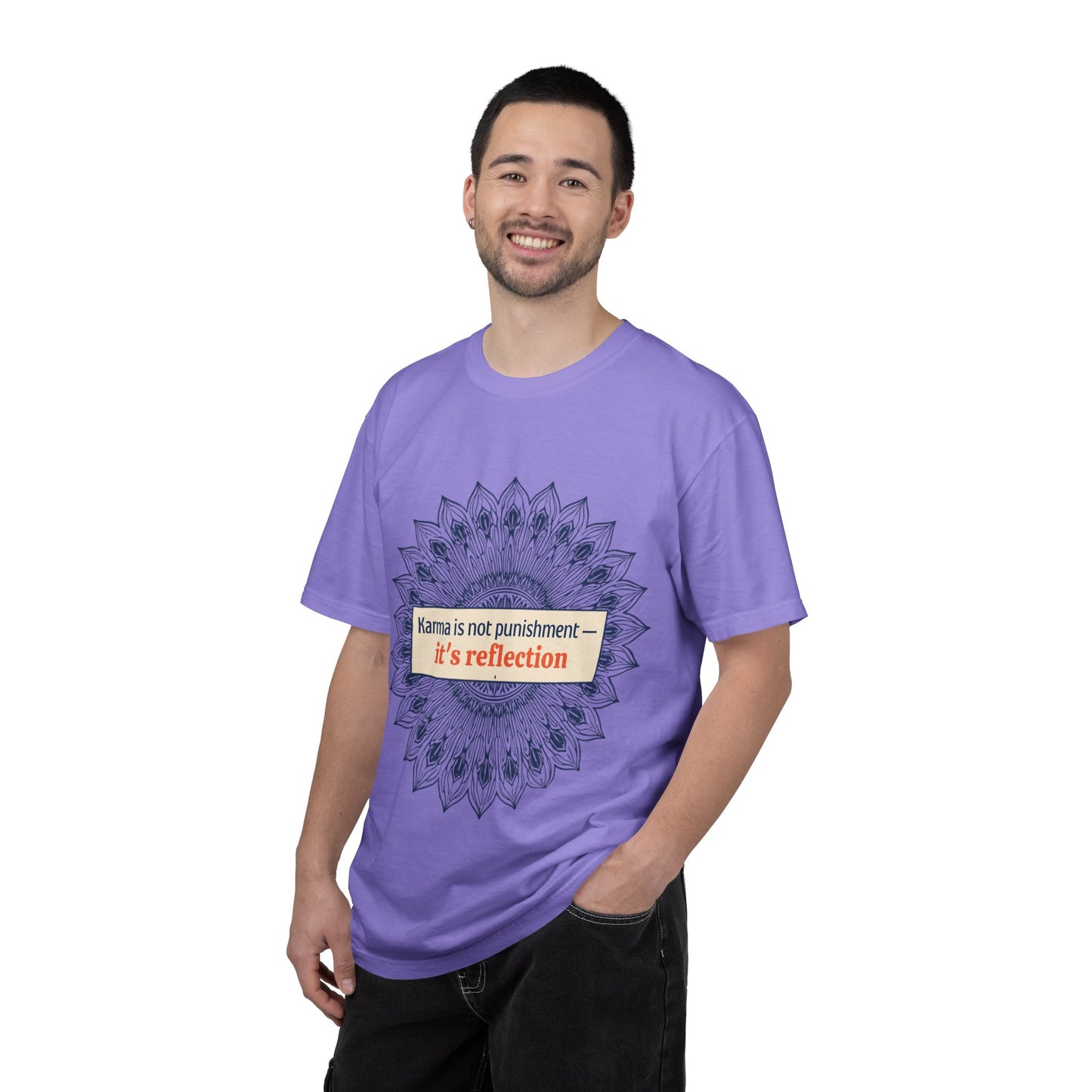 T-Shirt — 'Karma Is Not Punishment, It’s Reflection' Mandala Tee (Peace in Practice Village)