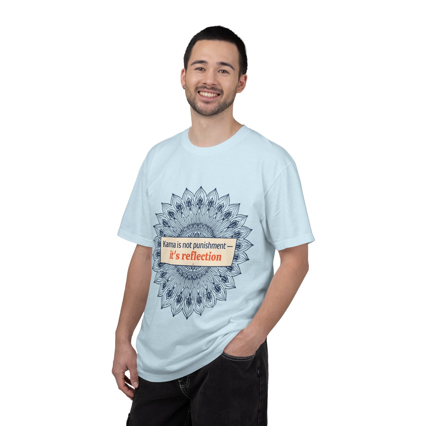 T-Shirt — 'Karma Is Not Punishment, It’s Reflection' Mandala Tee (Peace in Practice Village)