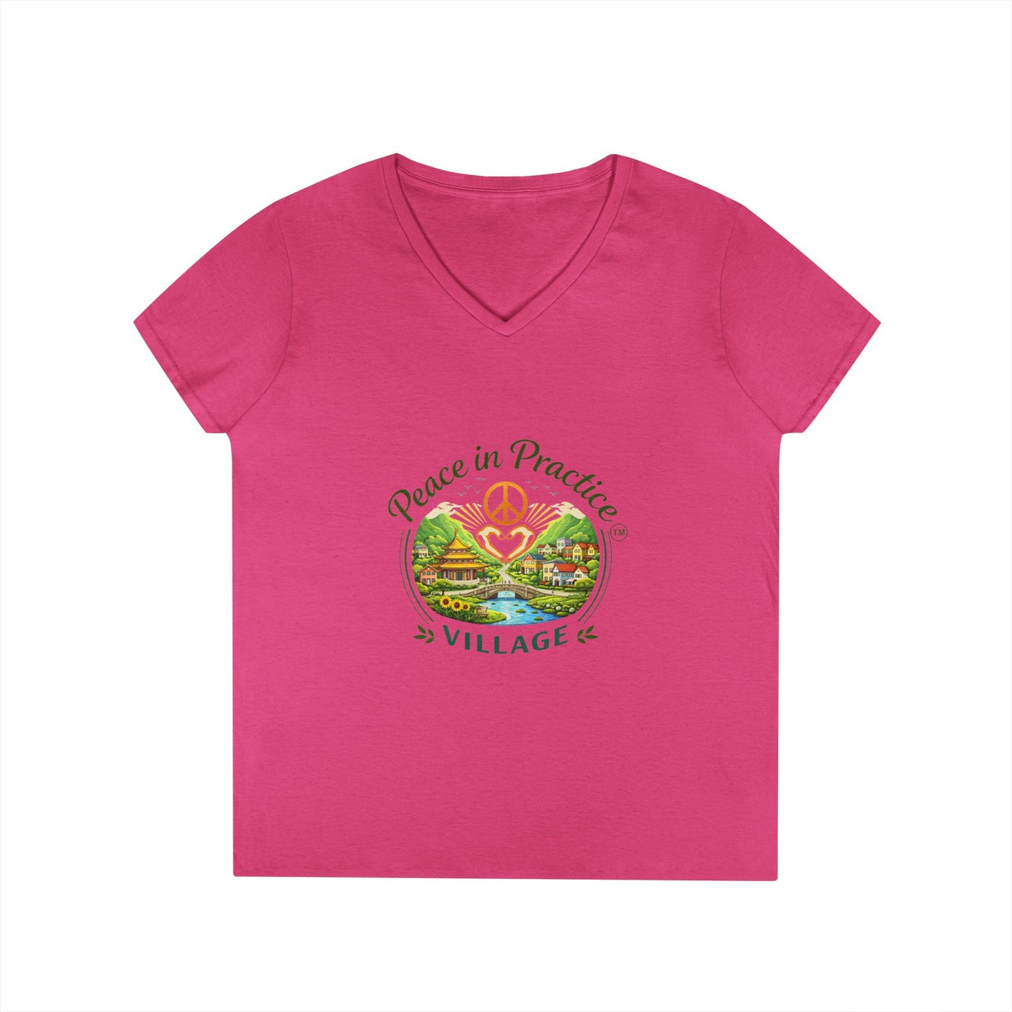 Peace in Practice Village Ladies' V-Neck T-Shirt — Retro Nature Peace Sign Tee