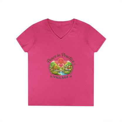 Peace in Practice Village Ladies' V-Neck T-Shirt — Retro Nature Peace Sign Tee