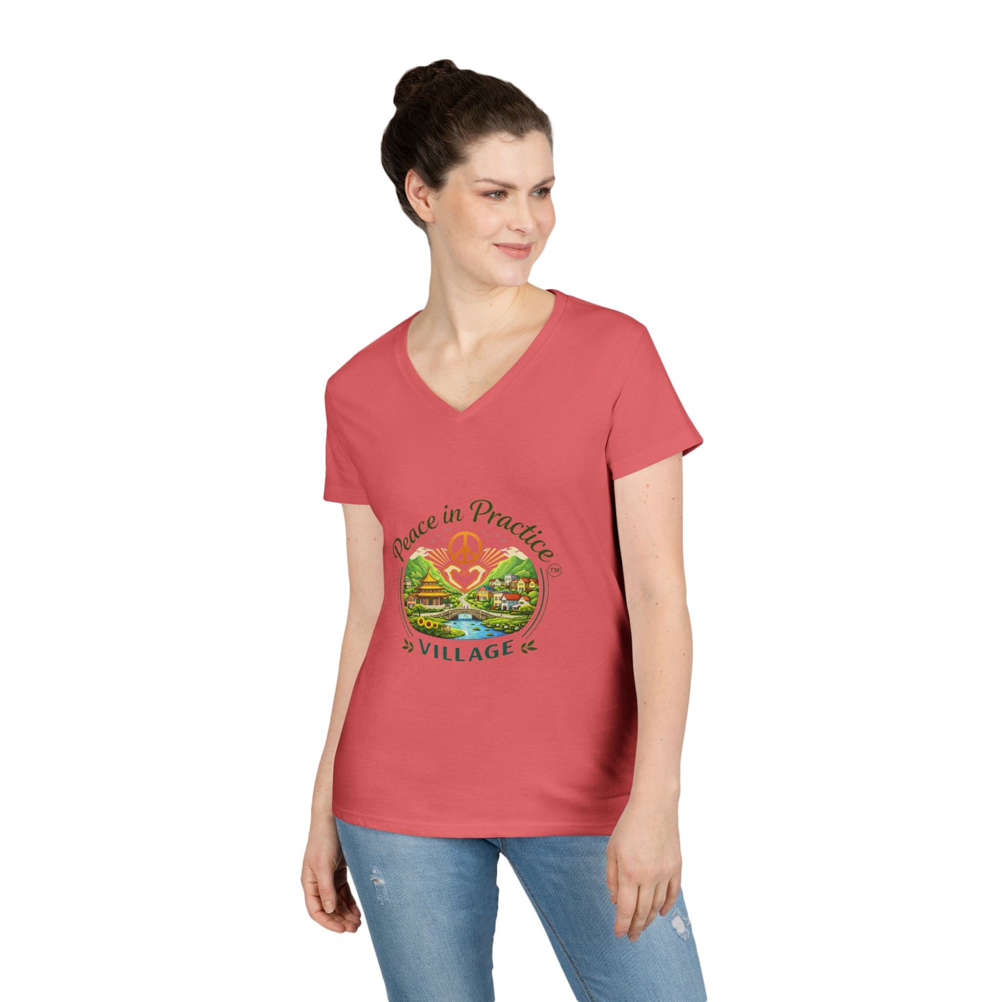 Peace in Practice Village Ladies' V-Neck T-Shirt — Retro Nature Peace Sign Tee