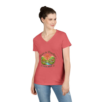 Peace in Practice Village Ladies' V-Neck T-Shirt — Retro Nature Peace Sign Tee