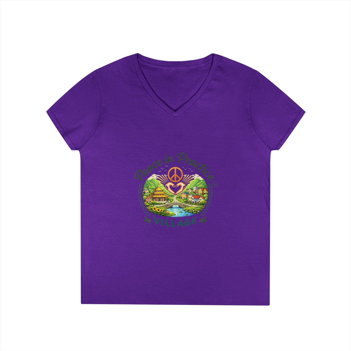 Peace in Practice Village Ladies' V-Neck T-Shirt — Retro Nature Peace Sign Tee