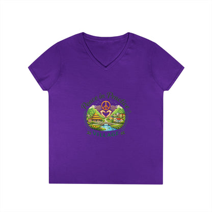 Peace in Practice Village Ladies' V-Neck T-Shirt — Retro Nature Peace Sign Tee