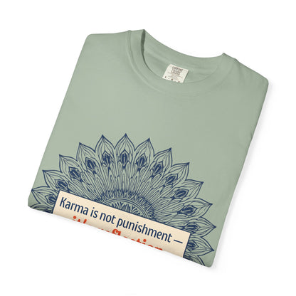 T-Shirt — 'Karma Is Not Punishment, It’s Reflection' Mandala Tee (Peace in Practice Village)