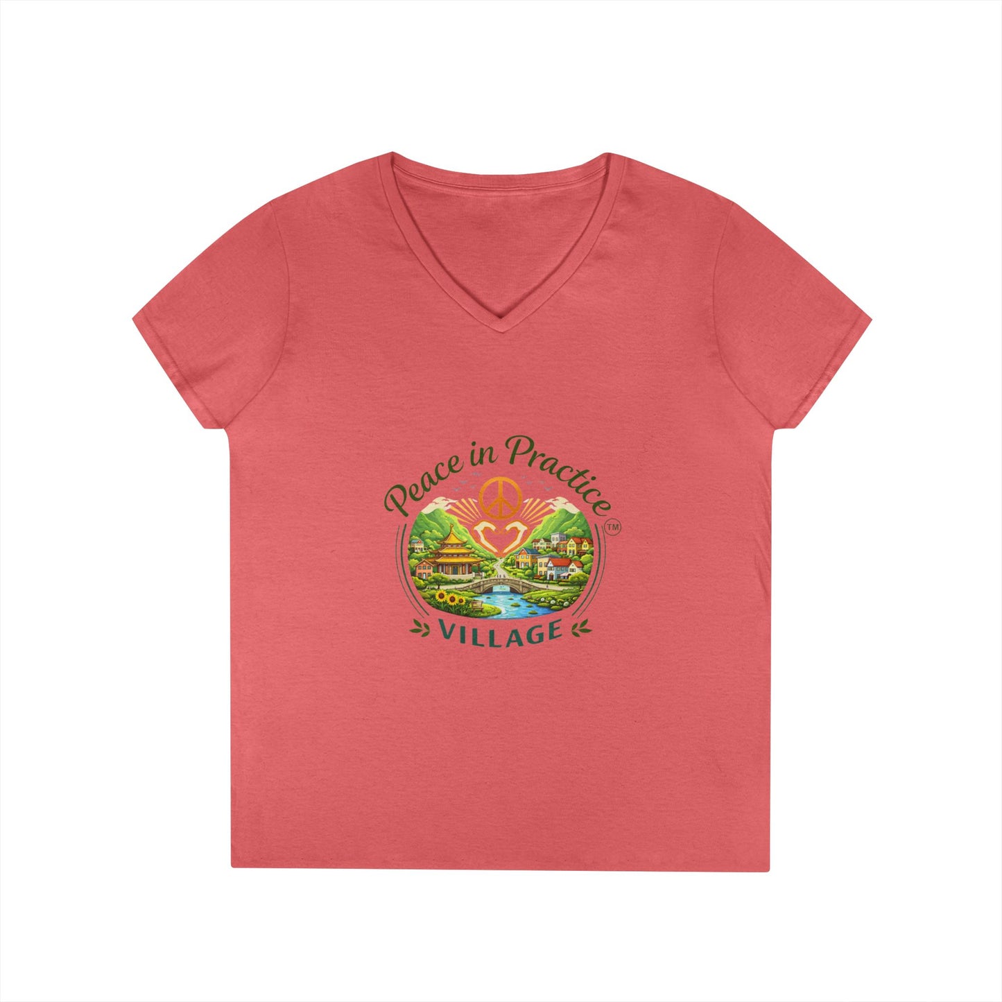Peace in Practice Village Ladies' V-Neck T-Shirt — Retro Nature Peace Sign Tee