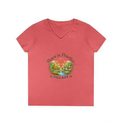 Peace in Practice Village Ladies' V-Neck T-Shirt — Retro Nature Peace Sign Tee