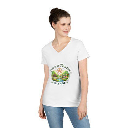 Peace in Practice Village Ladies' V-Neck T-Shirt — Retro Nature Peace Sign Tee