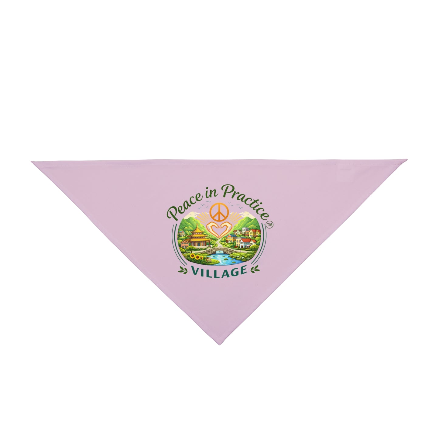 Pet Bandana — 'Peace in Practice Village' Pastel Pink Dog & Cat Bandana (Peace Sign, Scenic Design)