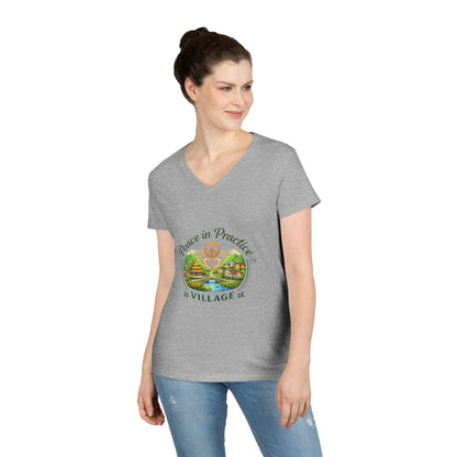 Peace in Practice Village Ladies' V-Neck T-Shirt — Retro Nature Peace Sign Tee