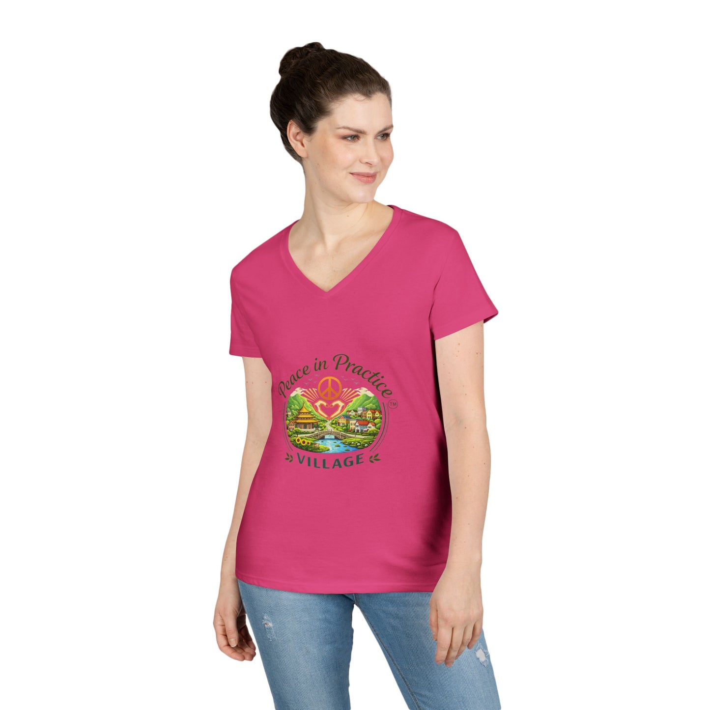 Peace in Practice Village Ladies' V-Neck T-Shirt — Retro Nature Peace Sign Tee