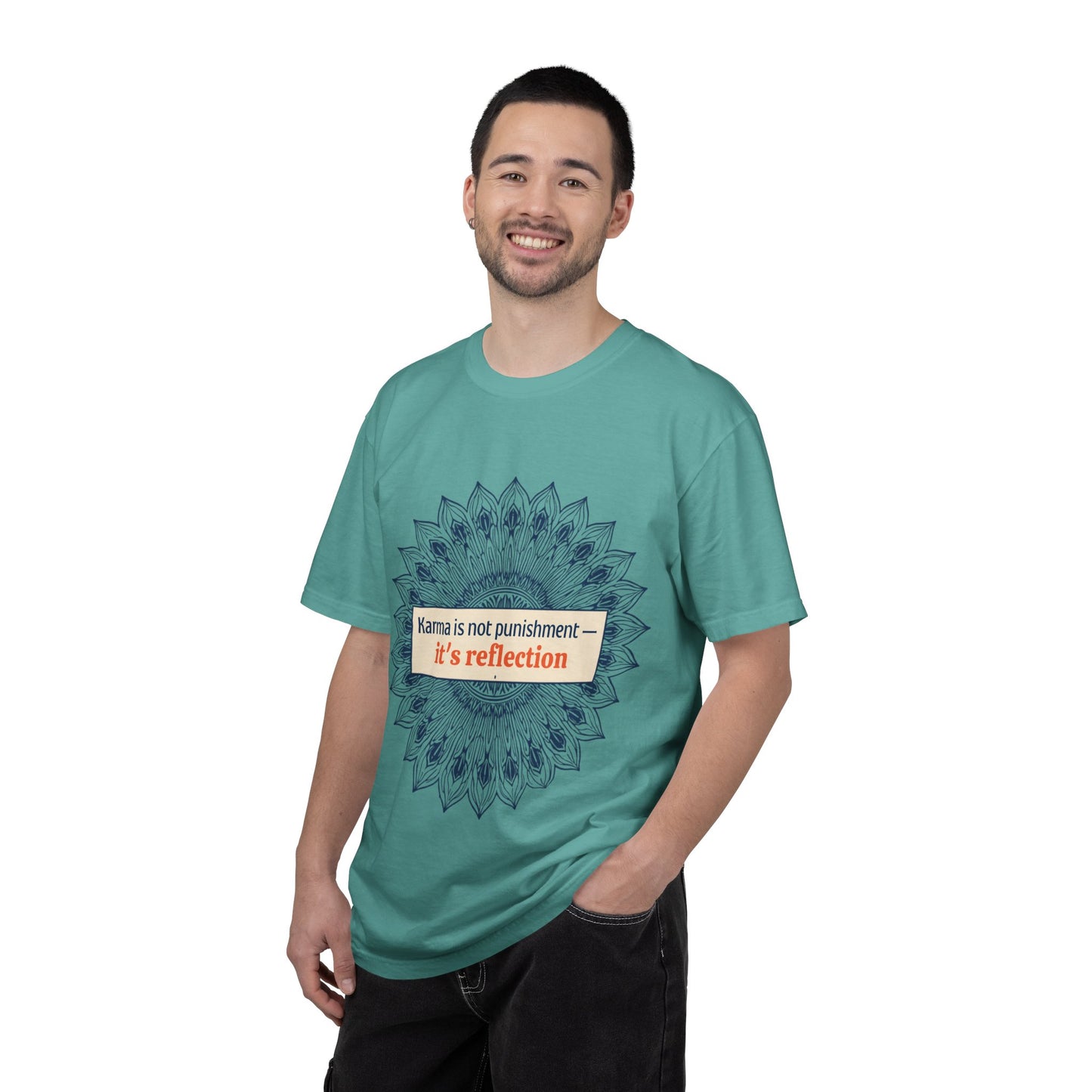 T-Shirt — 'Karma Is Not Punishment, It’s Reflection' Mandala Tee (Peace in Practice Village)