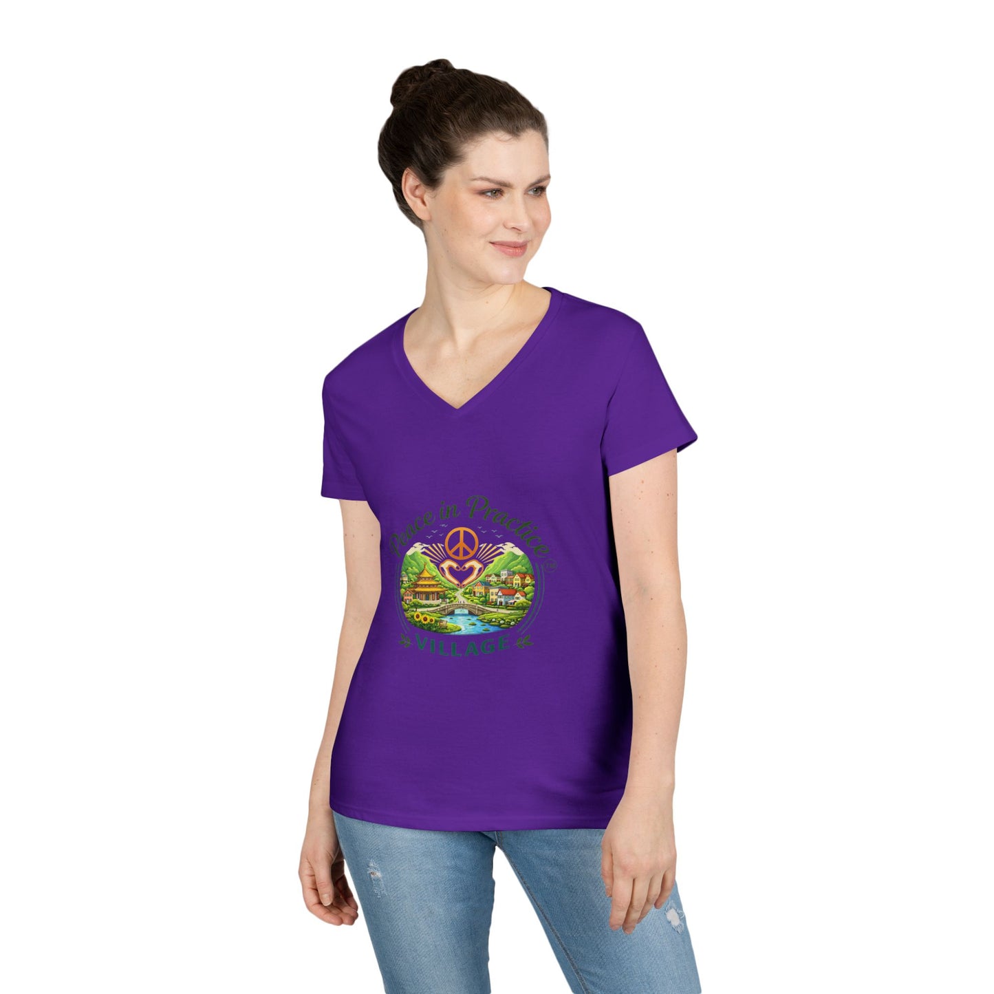 Peace in Practice Village Ladies' V-Neck T-Shirt — Retro Nature Peace Sign Tee