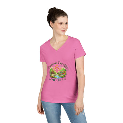 Peace in Practice Village Ladies' V-Neck T-Shirt — Retro Nature Peace Sign Tee
