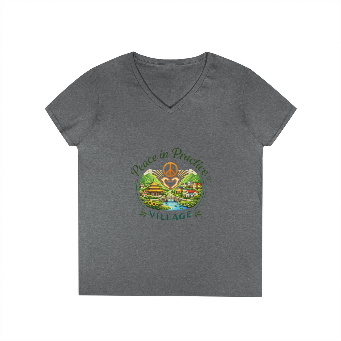 Peace in Practice Village Ladies' V-Neck T-Shirt — Retro Nature Peace Sign Tee