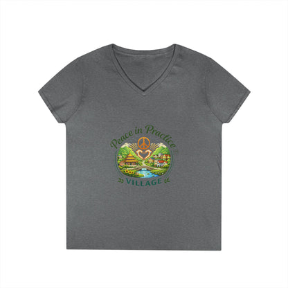 Peace in Practice Village Ladies' V-Neck T-Shirt — Retro Nature Peace Sign Tee