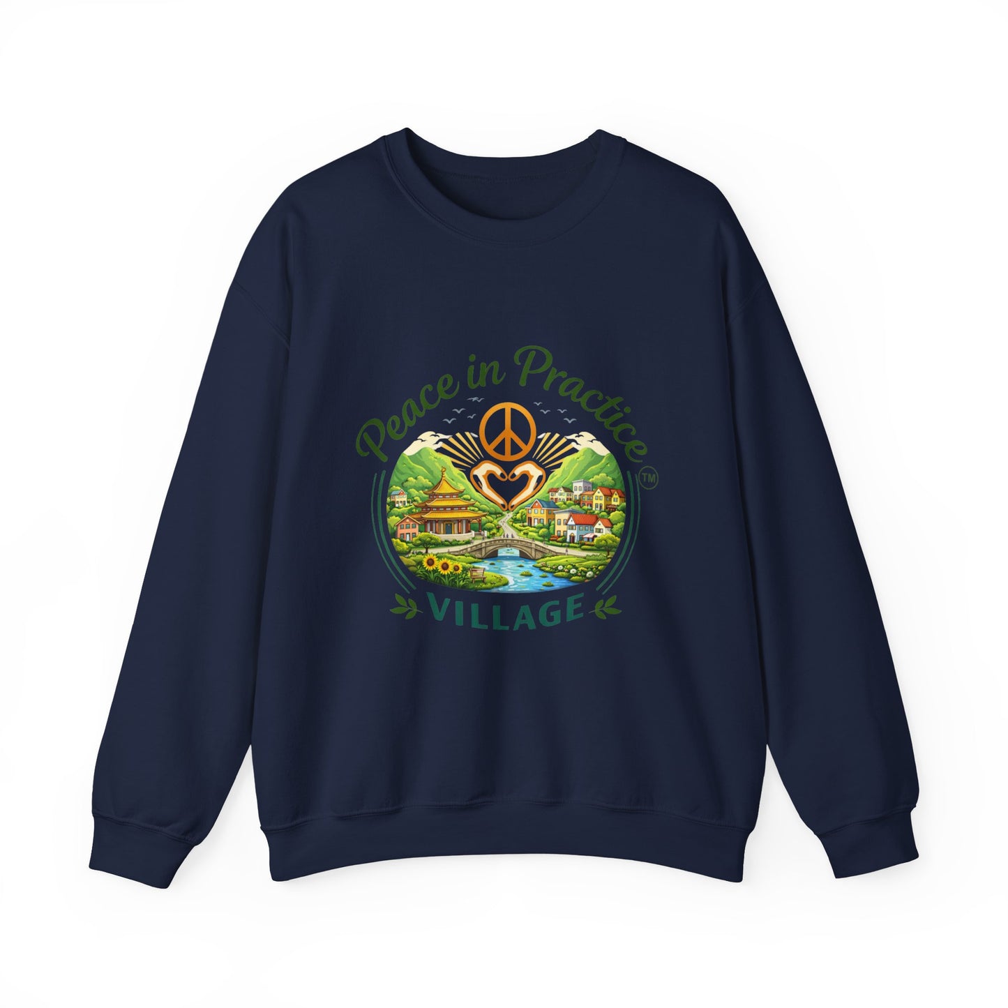 Peace in Practice Village Sweatshirt — Cozy Peace Sign & Countryside Illustration