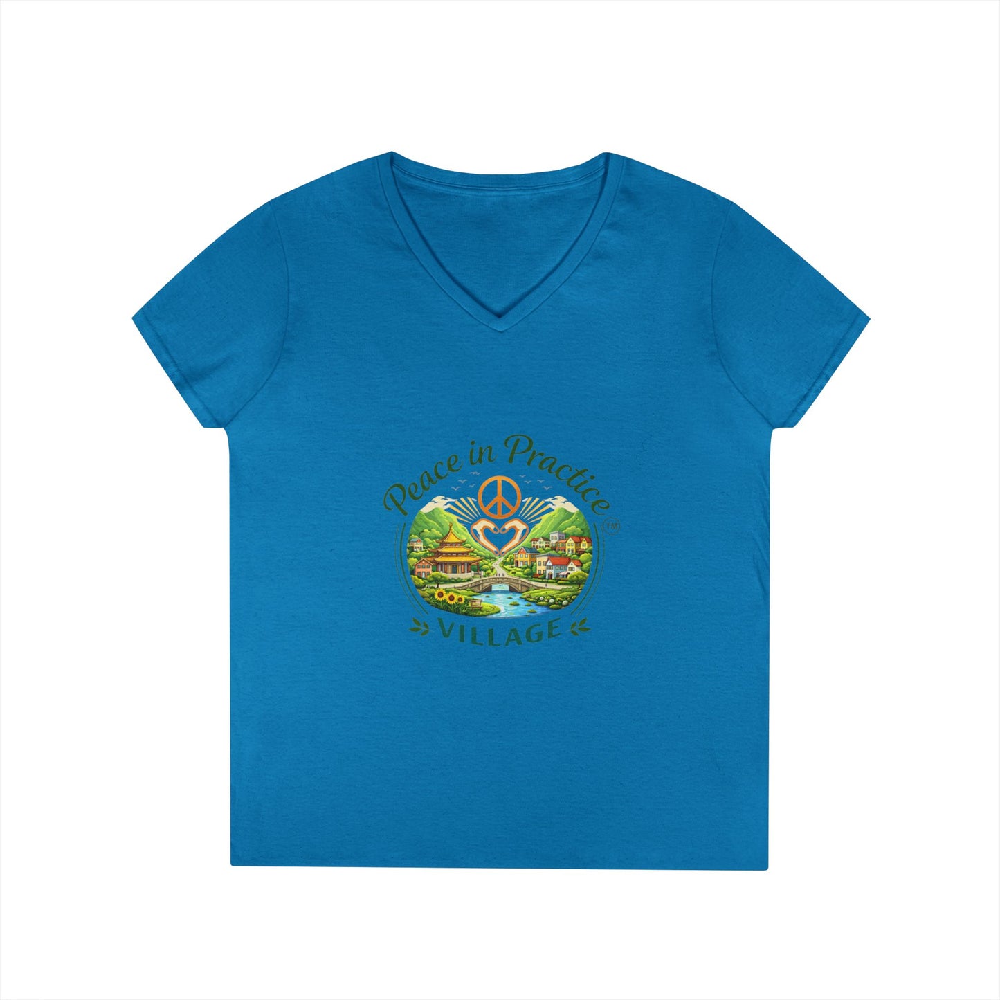 Peace in Practice Village Ladies' V-Neck T-Shirt — Retro Nature Peace Sign Tee