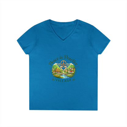 Peace in Practice Village Ladies' V-Neck T-Shirt — Retro Nature Peace Sign Tee