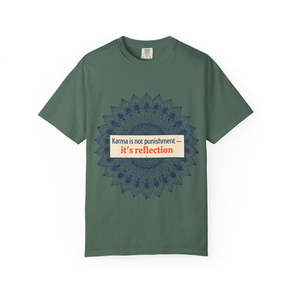 T-Shirt — 'Karma Is Not Punishment, It’s Reflection' Mandala Tee (Peace in Practice Village)