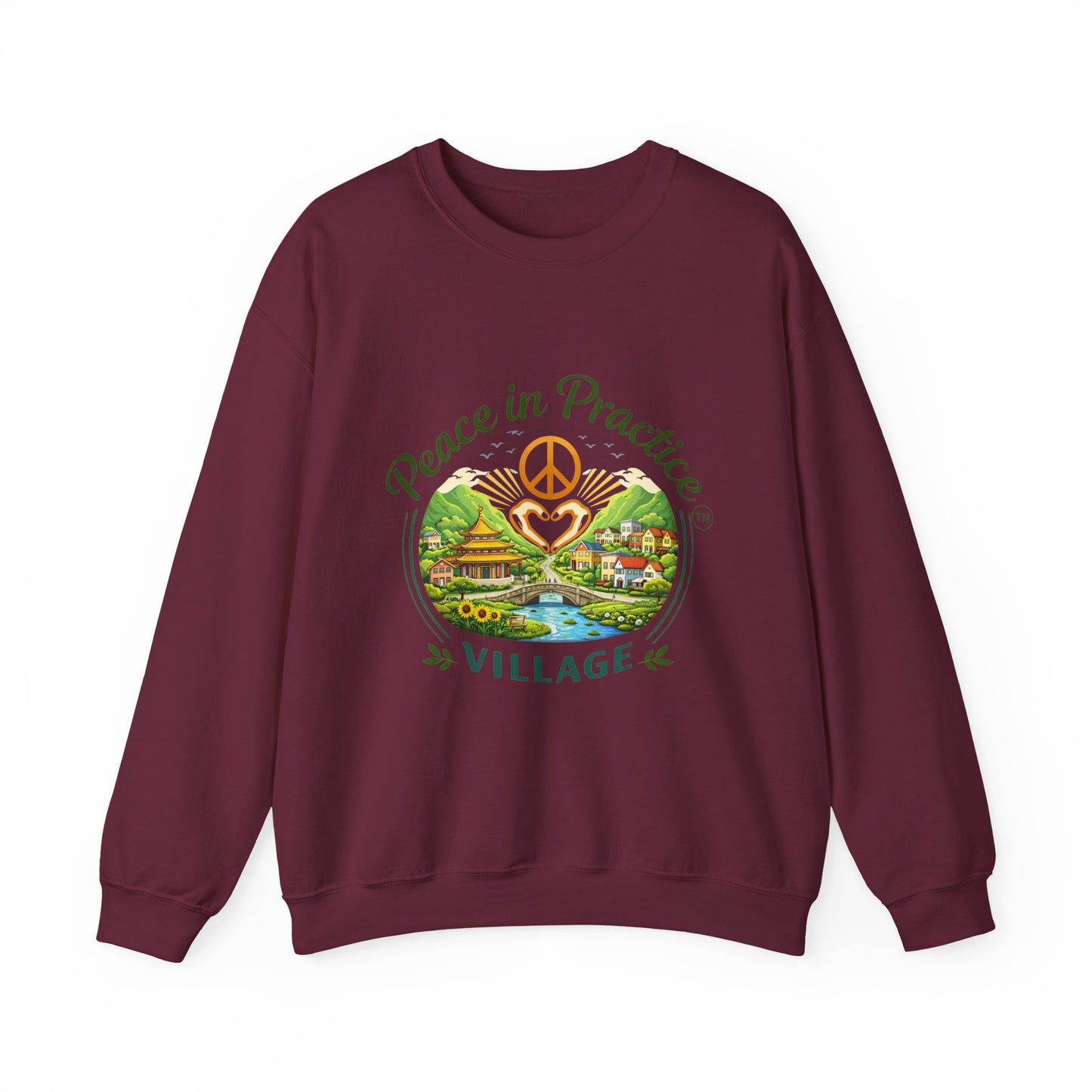 Peace in Practice Village Sweatshirt — Cozy Peace Sign & Countryside Illustration