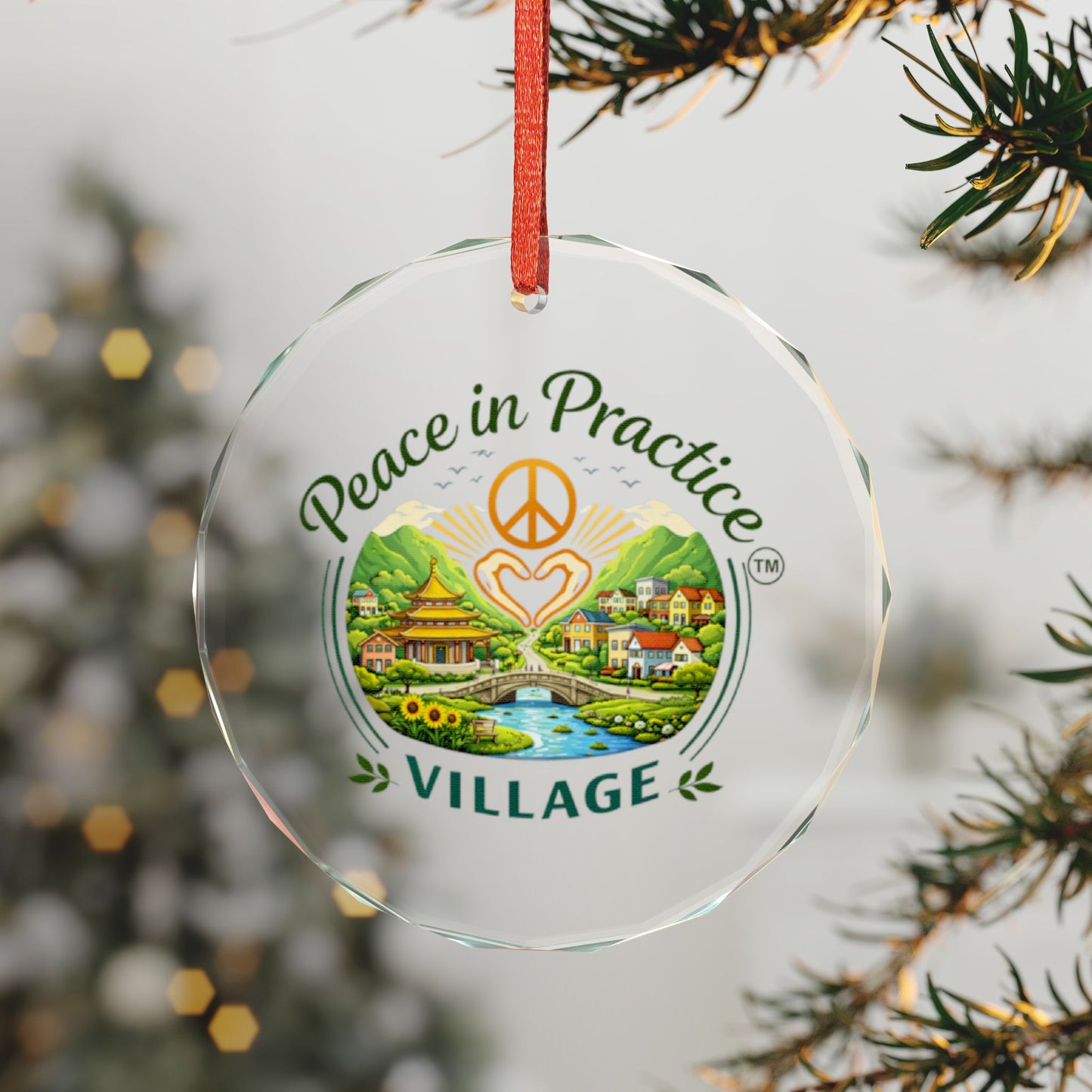 Peace in Practice Village Glass Ornament — Scenic Peace Symbol Holiday Decoration
