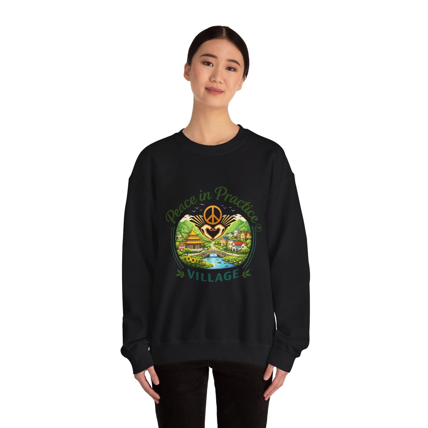 Peace in Practice Village Sweatshirt — Cozy Peace Sign & Countryside Illustration