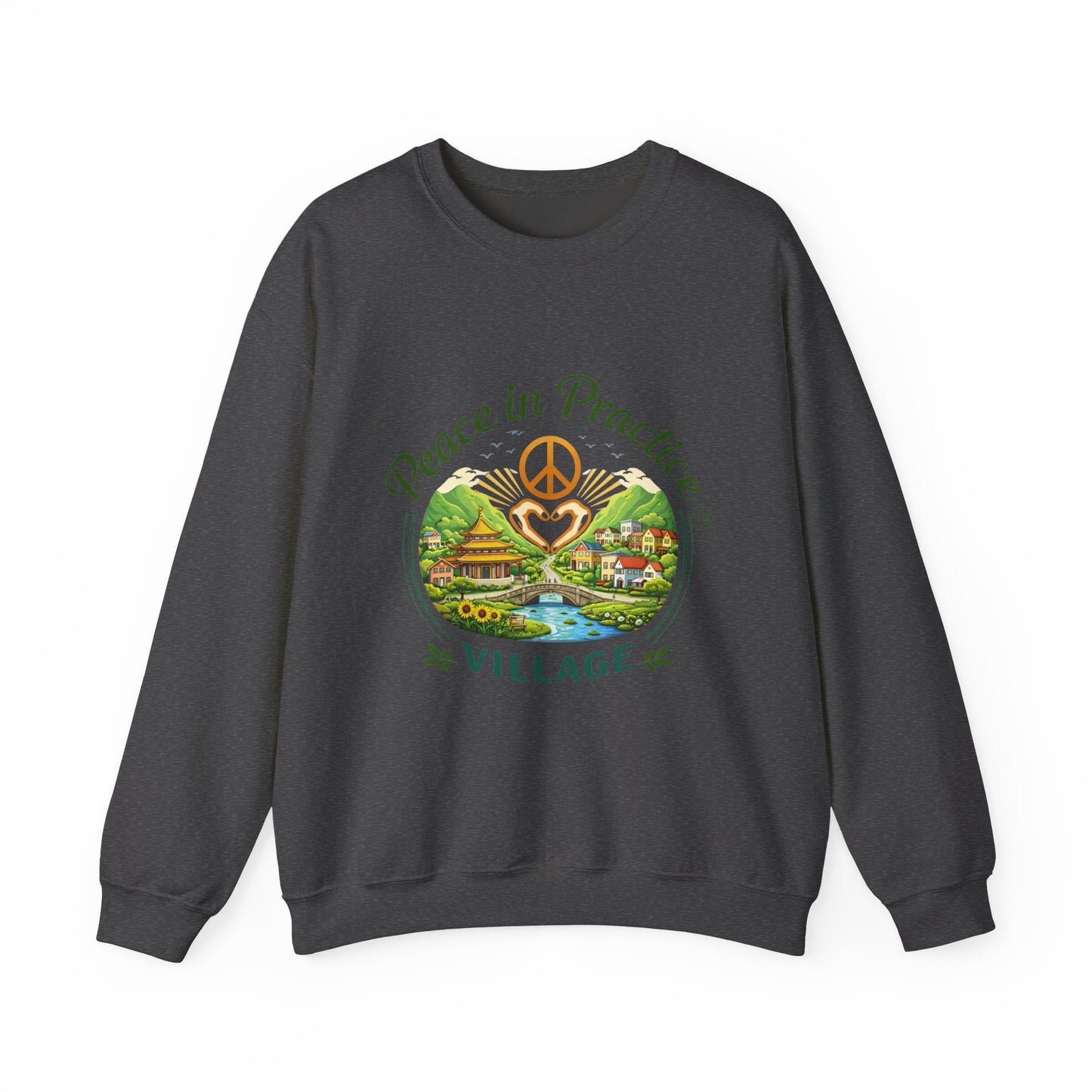 Peace in Practice Village Sweatshirt — Cozy Peace Sign & Countryside Illustration
