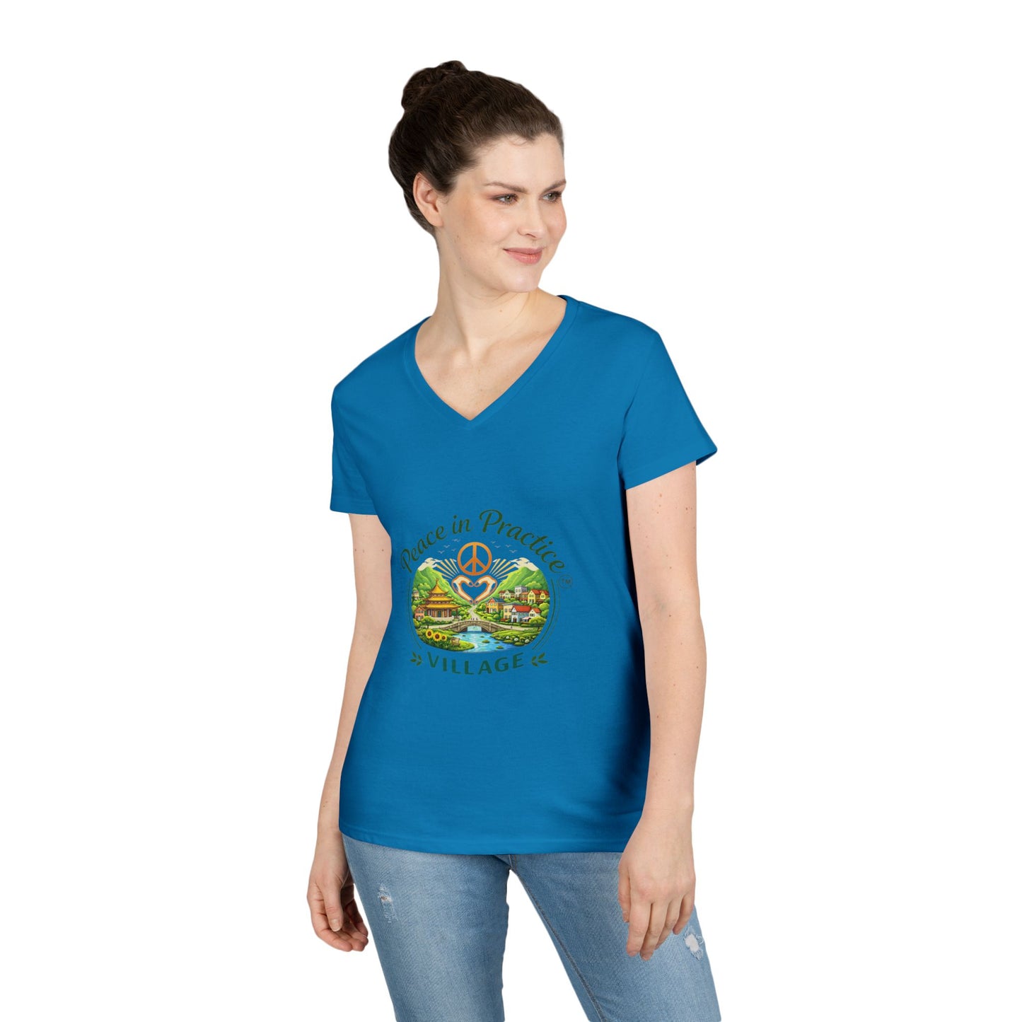 Peace in Practice Village Ladies' V-Neck T-Shirt — Retro Nature Peace Sign Tee