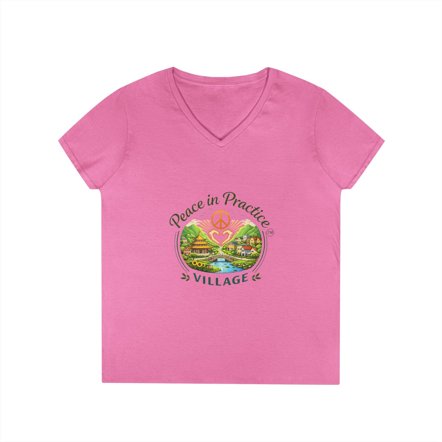 Peace in Practice Village Ladies' V-Neck T-Shirt — Retro Nature Peace Sign Tee