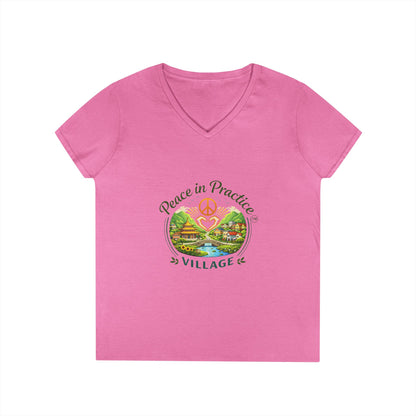 Peace in Practice Village Ladies' V-Neck T-Shirt — Retro Nature Peace Sign Tee
