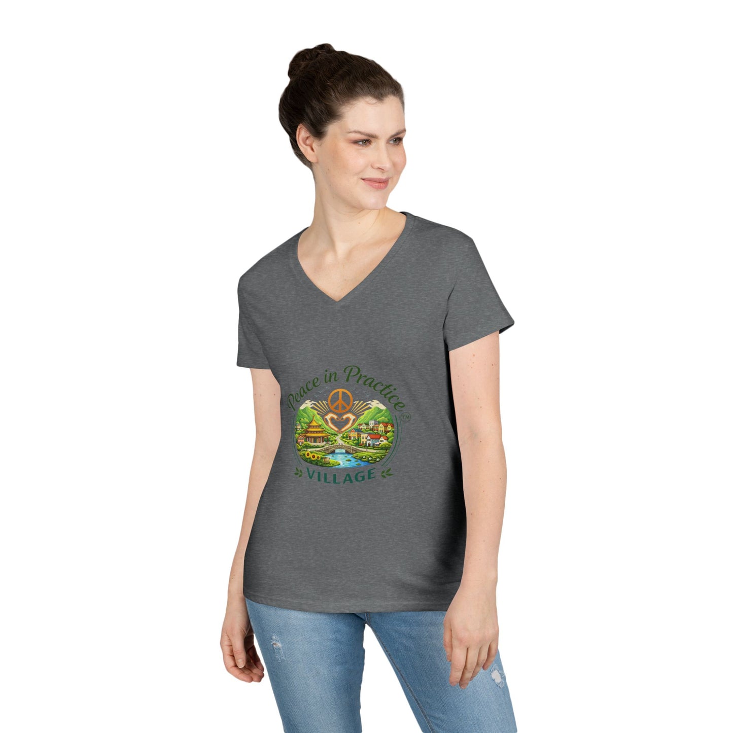 Peace in Practice Village Ladies' V-Neck T-Shirt — Retro Nature Peace Sign Tee